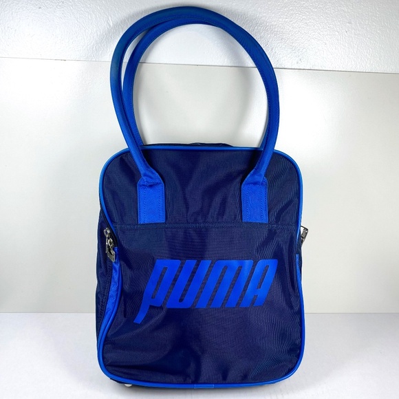 PUMA Blue Nylon Vintage Bowling Shoulder Bag with Oversized Handles Y2K Like New - Picture 1 of 11